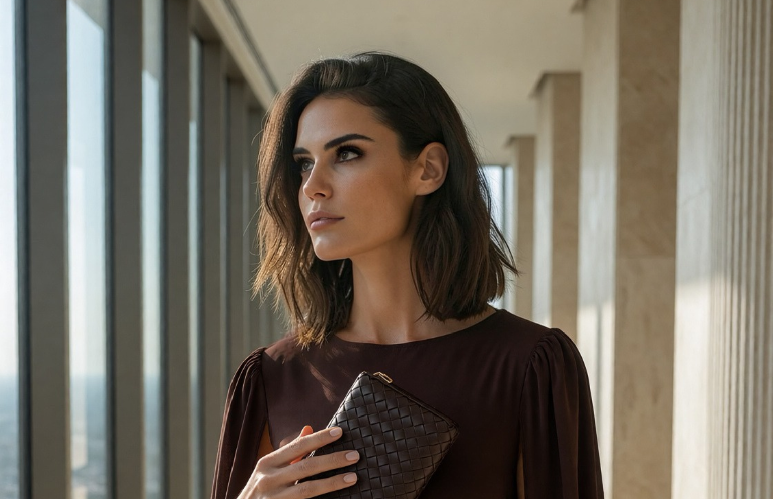 Elegant client holding a clutch in a sunlit architectural corridor at Tula Tu Aesthetics in The Woodlands, TX