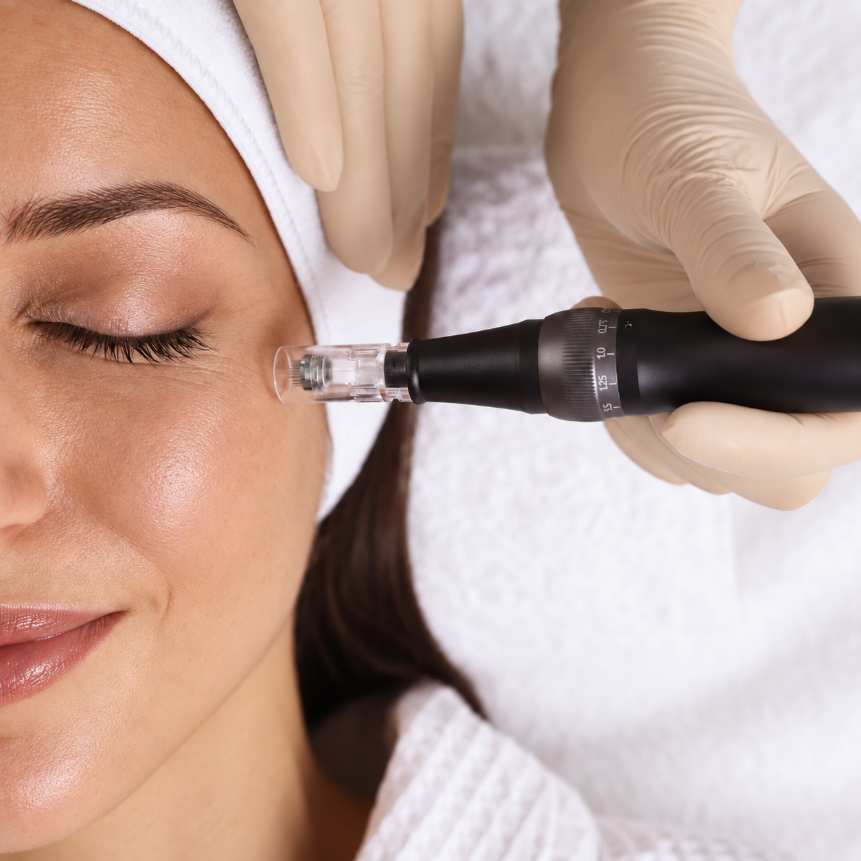 Microneedling treatment being performed with a medical-grade pen on a relaxed client at Tula Tu Aesthetics in The Woodlands, TX