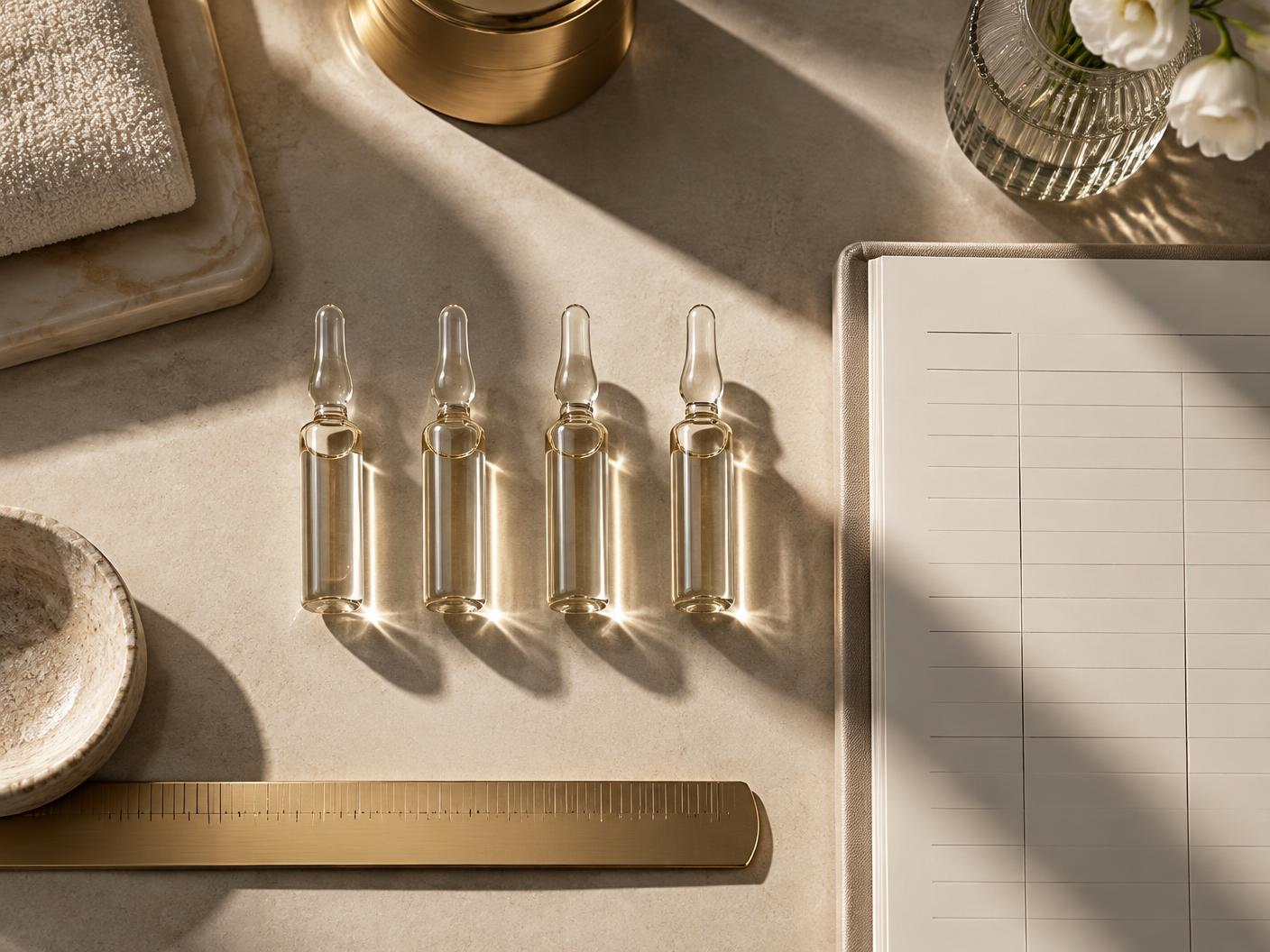 Four aligned glass ampoules beside a cream appointment ledger and gold ruler at Tula Tu Aesthetics in The Woodlands, TX