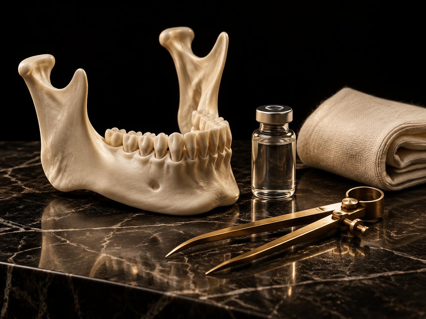 Anatomical jaw model, clear vial, linen compress, and gold calipers at Tula Tu Aesthetics in The Woodlands, TX