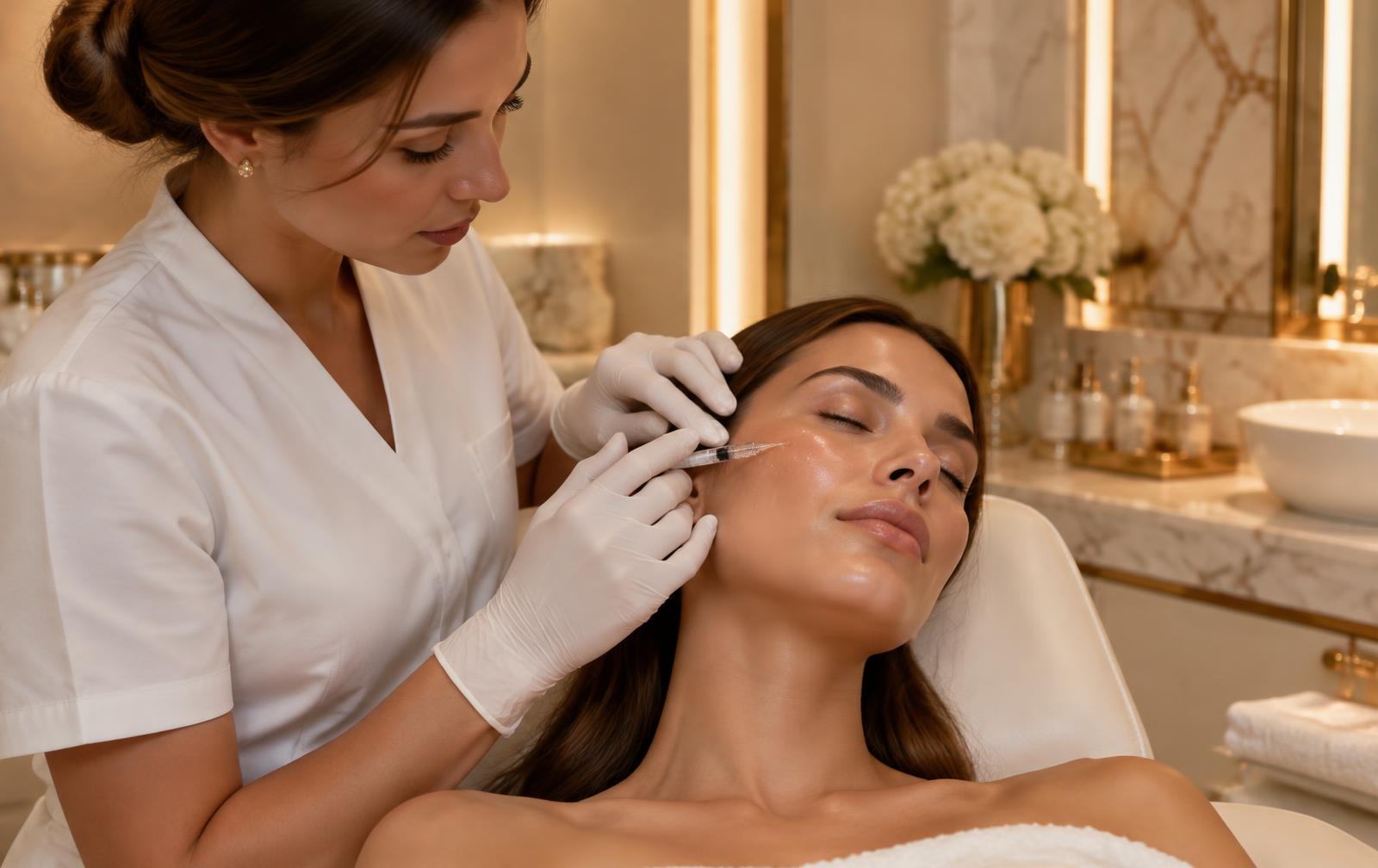 Injector placing microdroplets of a hydrating skin booster on a client's cheek in an elegant treatment room at Tula Tu Aesthetics in The Woodlands, TX