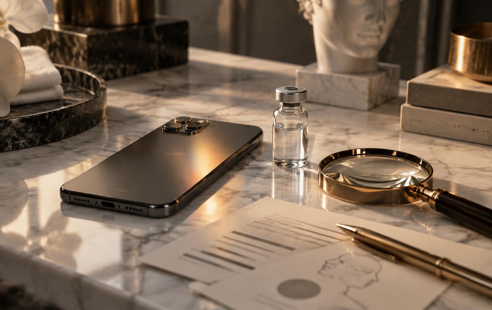 Phone, clinical vial, magnifying glass, and notes on cream marble at Tula Tu Aesthetics in The Woodlands, TX