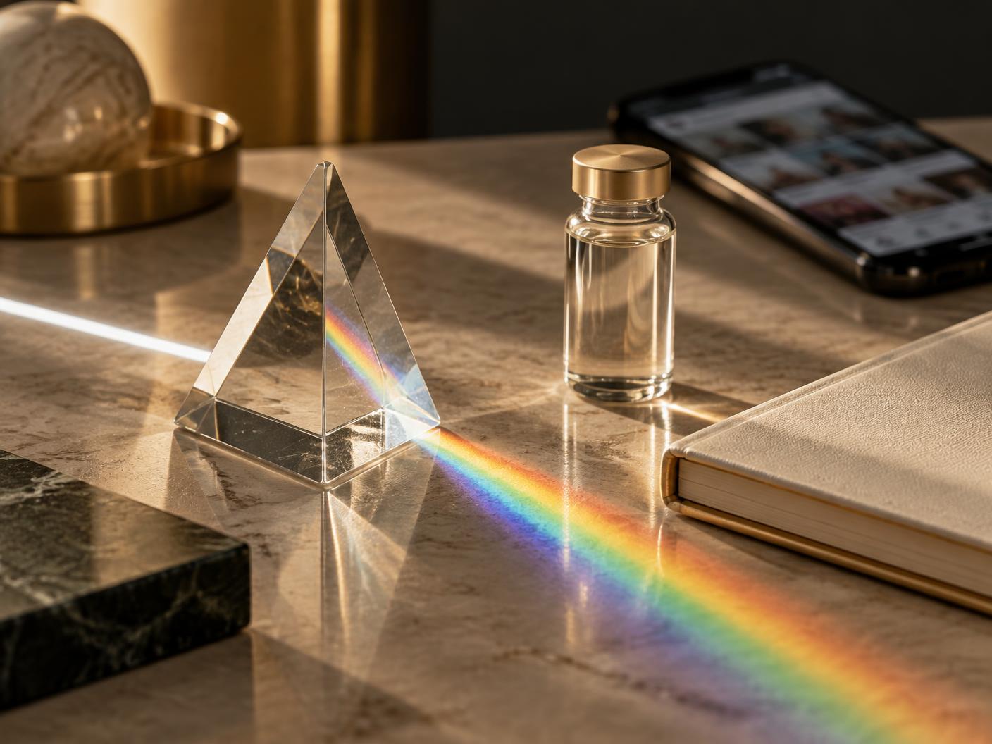 Crystal prism, clear vial, notebook, and blurred phone representing clarity among online noise at Tula Tu Aesthetics in The Woodlands, TX