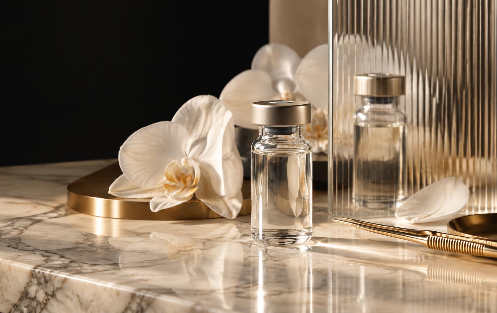 Two clear clinical vials with white orchids on cream marble at Tula Tu Aesthetics in The Woodlands, TX