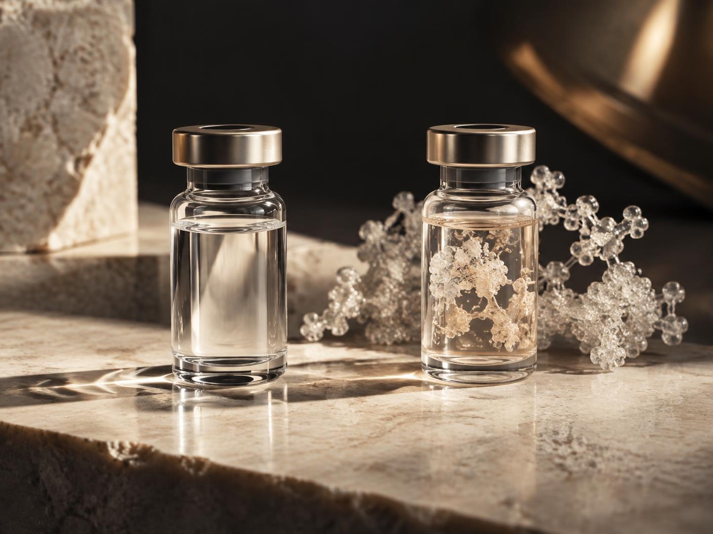 Two clear glass vials representing purified and complex formulations at Tula Tu Aesthetics in The Woodlands, TX